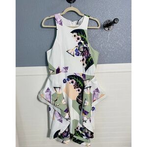 Bariano White Abstract Sleeveless Ruffle Cocktail Dress